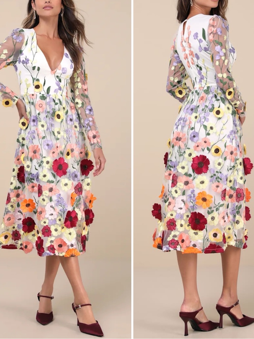 Impressive Blossom White 3D Floral Embroidered Midi Dress Sz XS